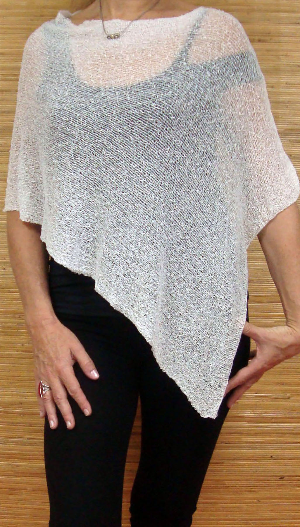 Knit Poncho Top - White-