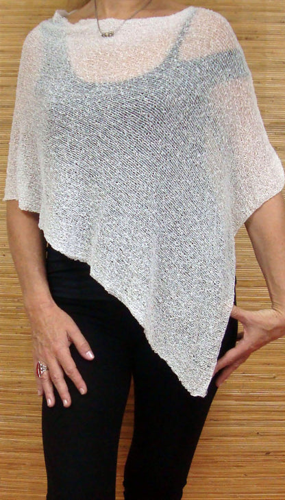 Knit Poncho Top - White-